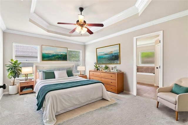 28475 Apple Blossom Ln, Ponchatoula, LA 70454 - bedroom featuring crown molding, light carpet, a tray ceiling, multiple windows, and baseboards