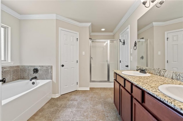 28475 Apple Blossom Ln, Ponchatoula, LA 70454 - full bathroom featuring a stall shower, a garden tub, double vanity, crown molding, and baseboards