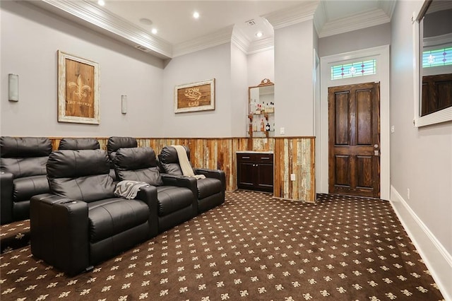 2026 Camp St, New Orleans, LA 70130 - home theater with carpet, wainscoting, ornamental molding, wood walls, and recessed lighting