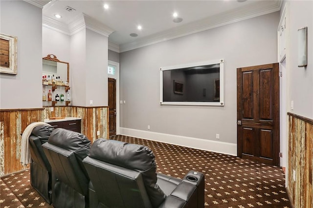 2026 Camp St, New Orleans, LA 70130 - carpeted living area with a dry bar, wood walls, ornamental molding, and recessed lighting