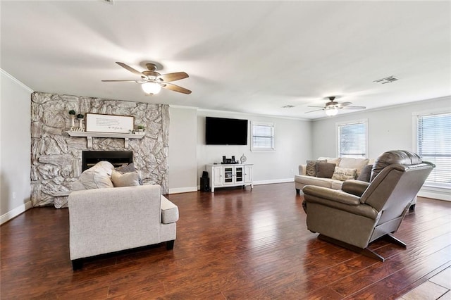511 Gassen St, Luling, LA 70070 - living room with ceiling fan, crown molding, dark wood-style flooring, and baseboards