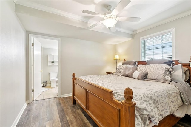 511 Gassen St, Luling, LA 70070 - bedroom featuring dark wood finished floors, ornamental molding, baseboards, connected bathroom, and a ceiling fan