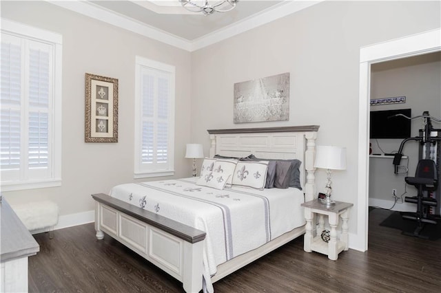 201 Jardin Loop, Covington, LA 70433 - bedroom featuring dark wood-type flooring, ornamental molding, and a chandelier