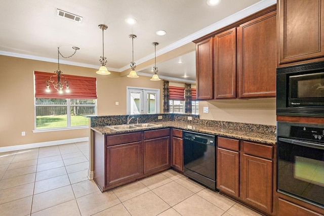 1134 Belair Blvd, Slidell, LA 70460 - kitchen featuring black appliances, a sink, a peninsula, light tile patterned flooring, and ornamental molding