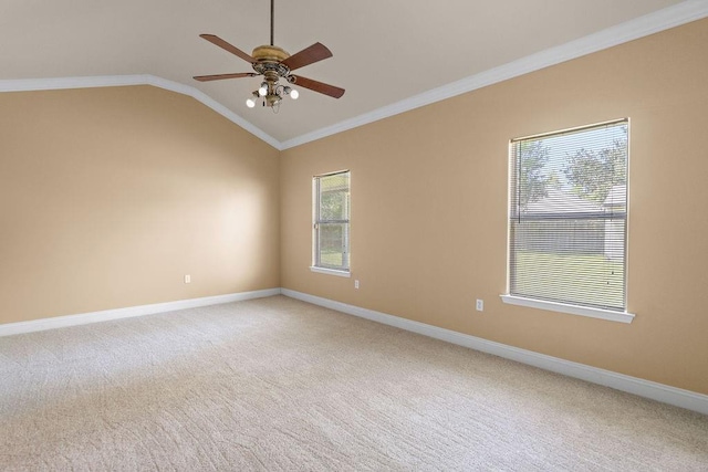 1134 Belair Blvd, Slidell, LA 70460 - unfurnished room featuring a ceiling fan, crown molding, baseboards, light colored carpet, and lofted ceiling