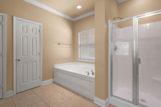 1134 Belair Blvd, Slidell, LA 70460 - full bathroom with a stall shower, crown molding, tile patterned floors, baseboards, and a bath
