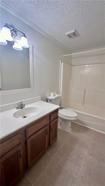 bathroom with a textured ceiling, tile patterned flooring, vanity, toilet, and shower / washtub combination