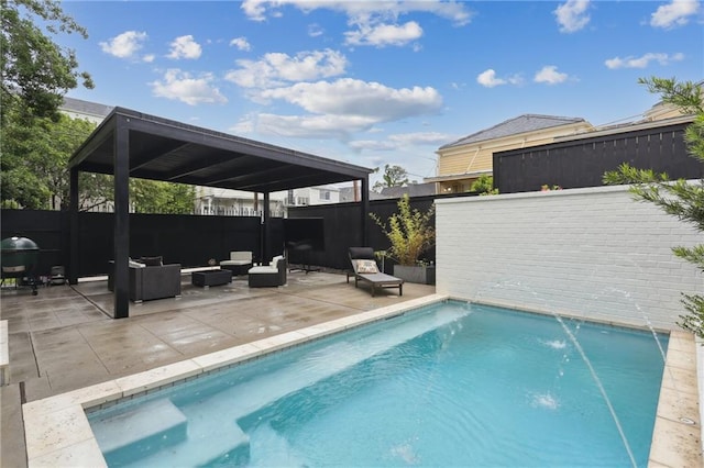 3804 Prytania St, New Orleans, LA 70115 - view of swimming pool featuring a fenced backyard, a patio, an outdoor living space, and grilling area