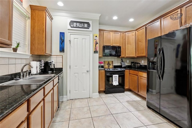 5 Rhonda Ct, Covington, LA 70433 - kitchen featuring black appliances, a sink, decorative backsplash, crown molding, and light tile patterned flooring