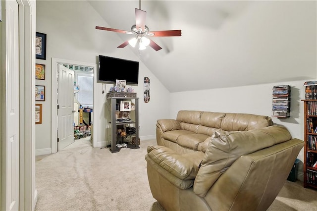 5 Rhonda Ct, Covington, LA 70433 - carpeted living area featuring vaulted ceiling, ceiling fan, and baseboards