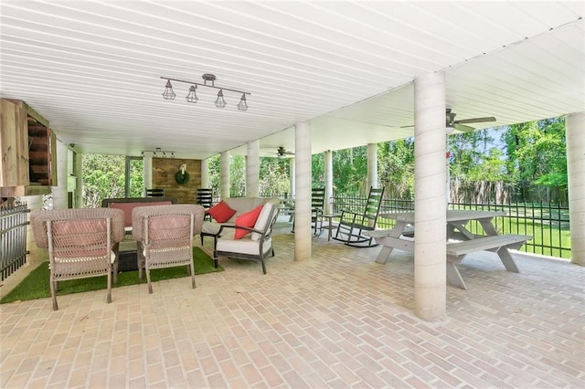 5 Rhonda Ct, Covington, LA 70433 - view of patio featuring a ceiling fan, fence, and an outdoor hangout area