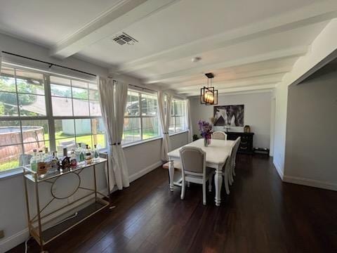 6133 Carlisle Ct, New Orleans, LA 70131 - dining space with beam ceiling, baseboards, and dark wood-style floors