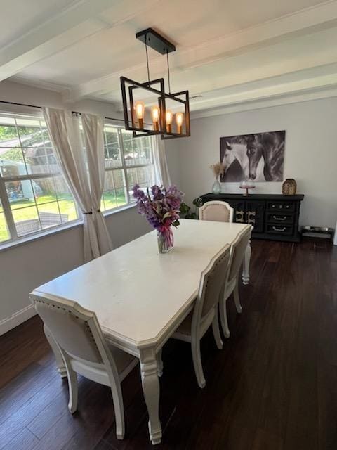 6133 Carlisle Ct, New Orleans, LA 70131 - dining space featuring a chandelier, healthy amount of natural light, dark wood finished floors, and beamed ceiling