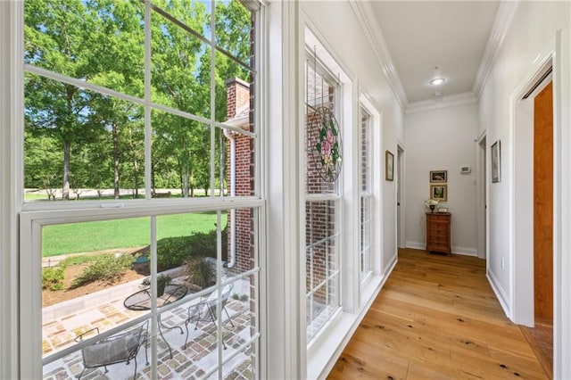 61180 Doe Run Dr, Amite, LA 70422 - hall with ornamental molding, light wood-style floors, baseboards, and view of scattered trees
