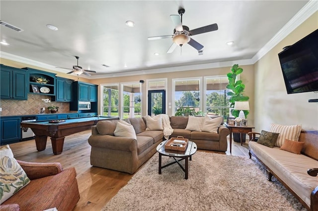 61180 Doe Run Dr, Amite, LA 70422 - living area featuring a ceiling fan, ornamental molding, billiards table, recessed lighting, and light wood-style flooring