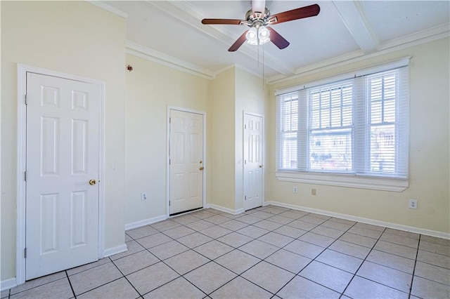 2315 Peniston St, New Orleans, LA 70115 - unfurnished room featuring beamed ceiling, ceiling fan, light tile patterned flooring, crown molding, and baseboards