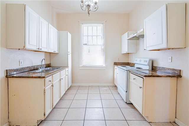 2315 Peniston St, New Orleans, LA 70115 - kitchen with white electric stove, a sink, under cabinet range hood, and dark countertops