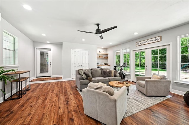 20035 River Parc Dr, Covington, LA 70433 - living area featuring french doors, dark wood finished floors, recessed lighting, ceiling fan, and baseboards