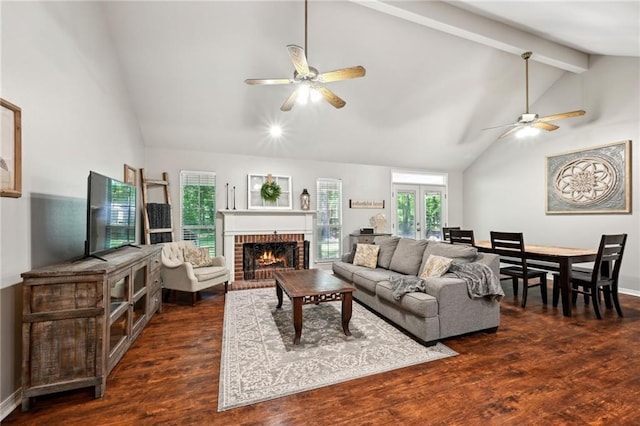 20035 River Parc Dr, Covington, LA 70433 - living room with ceiling fan, plenty of natural light, a fireplace, beam ceiling, and high vaulted ceiling