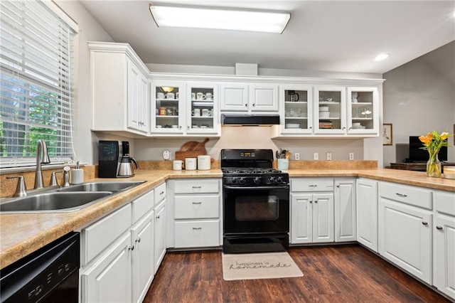 20035 River Parc Dr, Covington, LA 70433 - kitchen with black appliances, a sink, range hood, dark wood-style flooring, and white cabinets