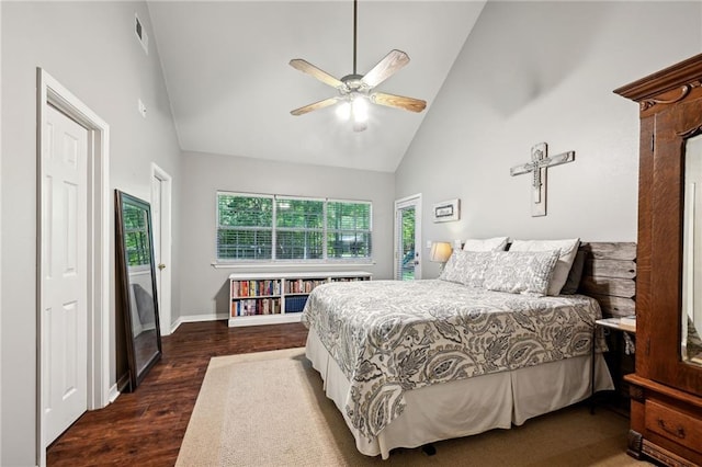 20035 River Parc Dr, Covington, LA 70433 - bedroom featuring high vaulted ceiling, dark wood-style flooring, a ceiling fan, and baseboards