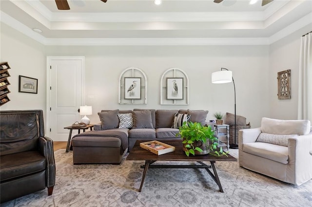 474 Trailhead Dr, Abita Springs, LA 70420 - living room with a ceiling fan, a raised ceiling, crown molding, recessed lighting, and wood finished floors