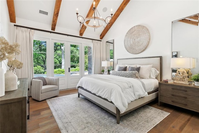 474 Trailhead Dr, Abita Springs, LA 70420 - bedroom with beamed ceiling, a chandelier, wood finished floors, high vaulted ceiling, and access to exterior