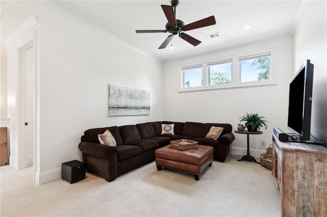 474 Trailhead Dr, Abita Springs, LA 70420 - living area featuring light colored carpet, a ceiling fan, baseboards, and ornamental molding