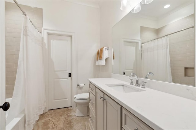 474 Trailhead Dr, Abita Springs, LA 70420 - full bathroom featuring toilet, vanity, ornamental molding, and shower / bath combination with curtain