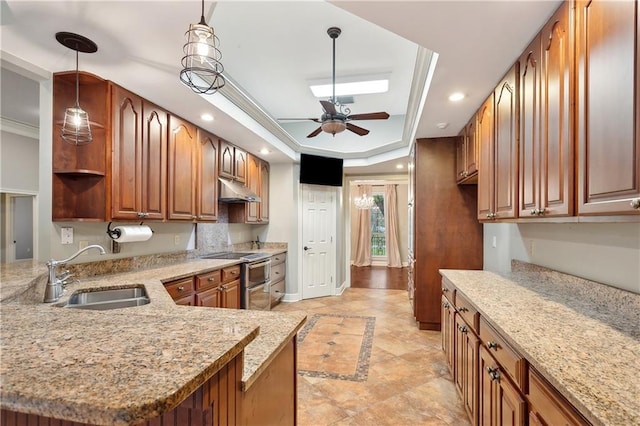740 Double J Rd, Covington, LA 70433 - kitchen featuring inlaid floor details, a raised ceiling, under cabinet range hood, a ceiling fan, and open shelves