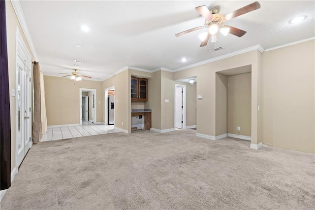 116 Fay Way, Slidell, LA 70460 - unfurnished living room featuring ceiling fan, light colored carpet, ornamental molding, baseboards, and recessed lighting