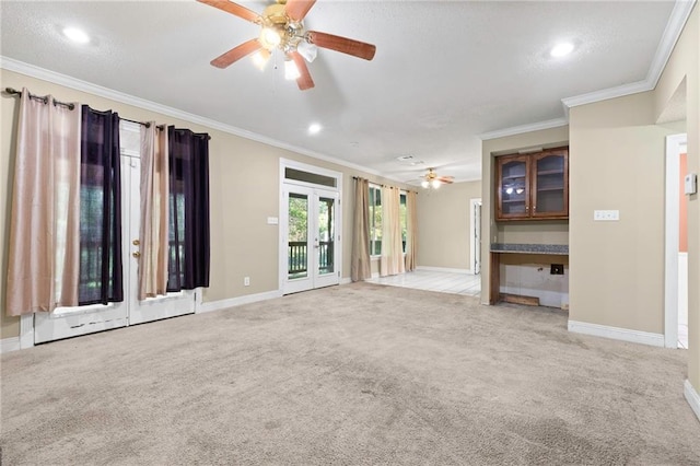 116 Fay Way, Slidell, LA 70460 - unfurnished living room with ceiling fan, light carpet, baseboards, crown molding, and recessed lighting