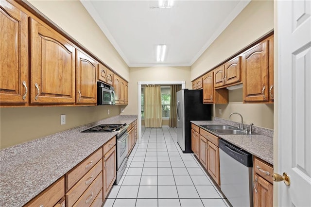 116 Fay Way, Slidell, LA 70460 - kitchen with appliances with stainless steel finishes, a sink, light tile patterned floors, crown molding, and brown cabinetry