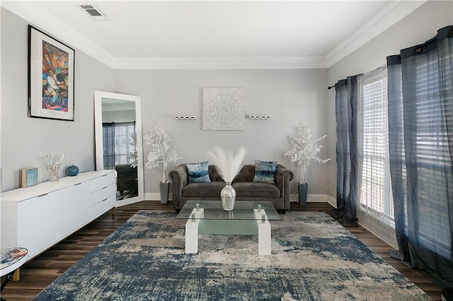 1332 Denmark Ct, Slidell, LA 70461 - living area with crown molding, dark wood-style flooring, and baseboards