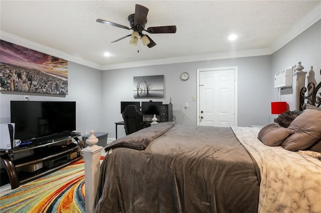 1332 Denmark Ct, Slidell, LA 70461 - bedroom with recessed lighting, ornamental molding, ceiling fan, and a textured ceiling