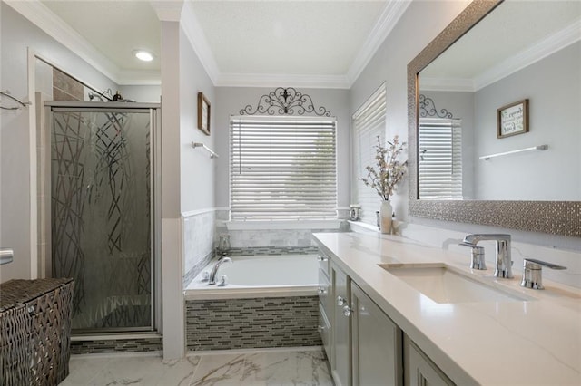 1332 Denmark Ct, Slidell, LA 70461 - full bathroom featuring vanity, a bath, a shower stall, recessed lighting, and ornamental molding