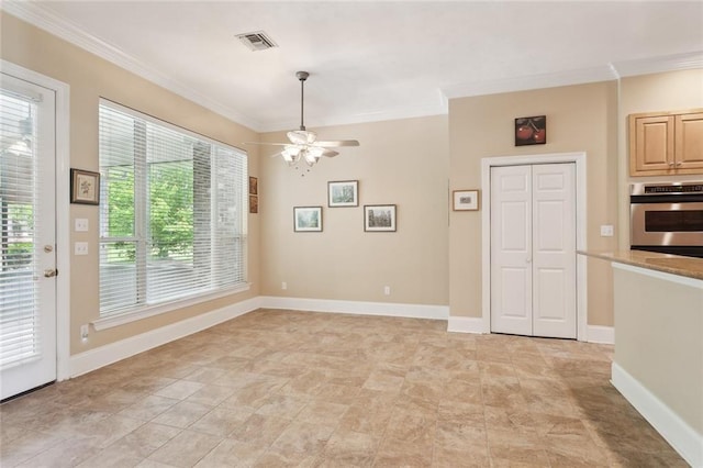 1203 W Cherry Hill Loop, Folsom, LA 70437 - unfurnished dining area featuring crown molding, ceiling fan, and baseboards