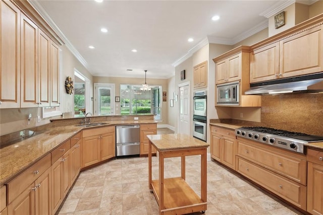 1203 W Cherry Hill Loop, Folsom, LA 70437 - kitchen featuring stainless steel appliances, under cabinet range hood, a sink, ornamental molding, and tasteful backsplash
