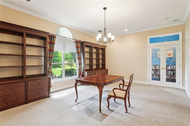 1203 W Cherry Hill Loop, Folsom, LA 70437 - carpeted home office featuring baseboards, ornamental molding, a chandelier, and french doors