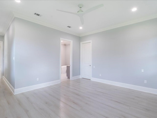 unfurnished bedroom with ornamental molding, light wood-style floors, baseboards, recessed lighting, and a ceiling fan
