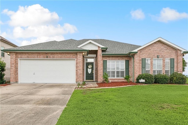 3 Lake Lynn Dr, Harvey, LA 70058 - ranch-style house featuring driveway, a front yard, brick siding, a garage, and a shingled roof