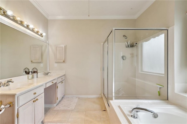 3 Lake Lynn Dr, Harvey, LA 70058 - bathroom featuring a stall shower, a bath, ornamental molding, and double vanity