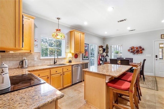 kitchen featuring a sink, stainless steel dishwasher, backsplash, a kitchen island, and light tile patterned floors