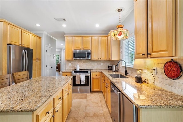 kitchen featuring stainless steel appliances, a sink, crown molding, light brown cabinetry, and light stone counters