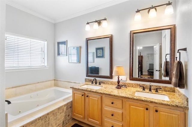 full bath featuring a tub with jets, double vanity, and crown molding