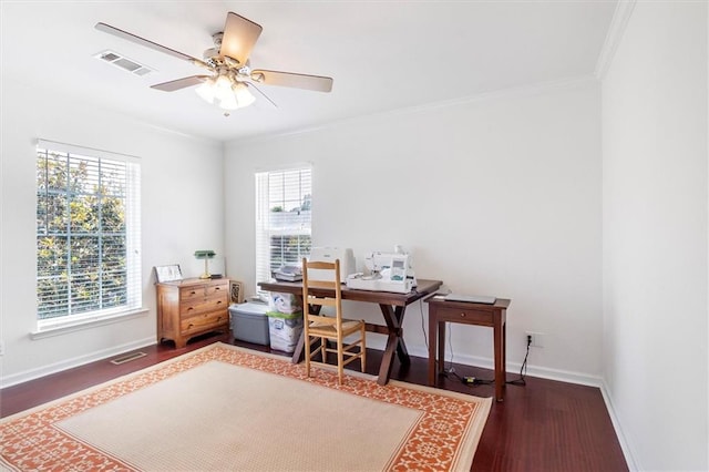 office with wood finished floors, ornamental molding, baseboards, and ceiling fan