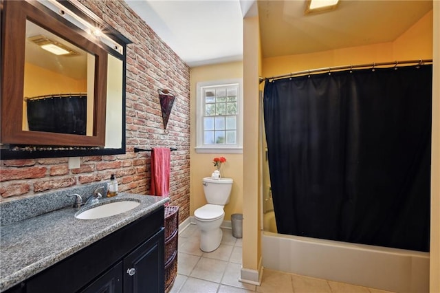 5139 Pratt Dr, New Orleans, LA 70122 - bathroom with brick wall, tile patterned flooring, vanity, toilet, and shower / tub combo with curtain