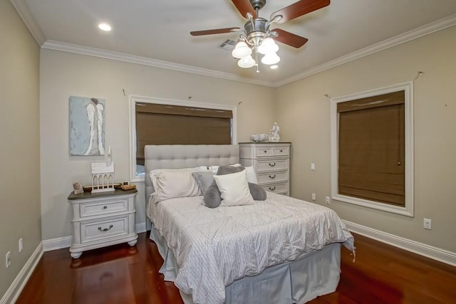bedroom featuring dark wood finished floors, ornamental molding, baseboards, a ceiling fan, and recessed lighting