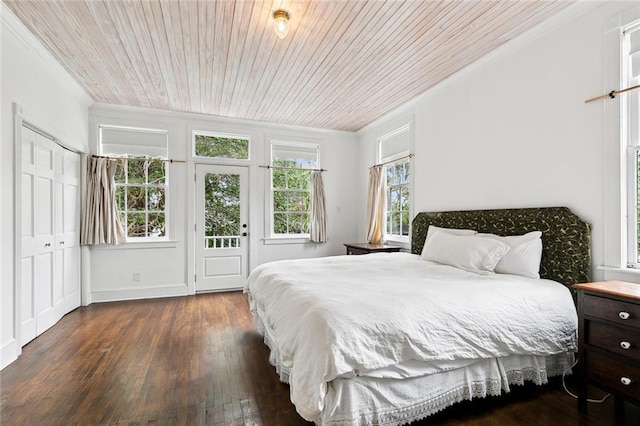 1612 Milan St, New Orleans, LA 70115 - bedroom featuring crown molding, wooden ceiling, hardwood / wood-style floors, and access to outside