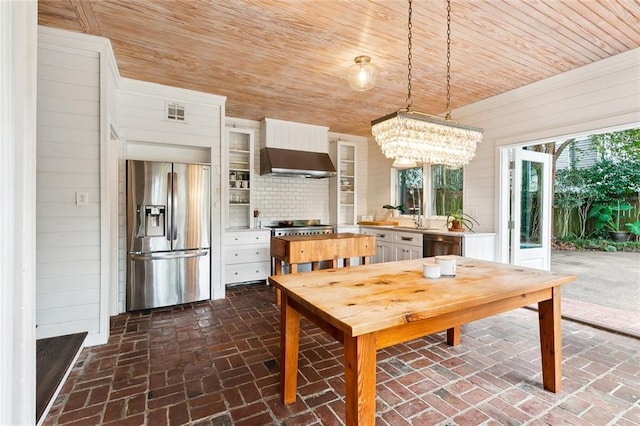 1612 Milan St, New Orleans, LA 70115 - dining area featuring wood ceiling, brick floors, a chandelier, and wooden walls